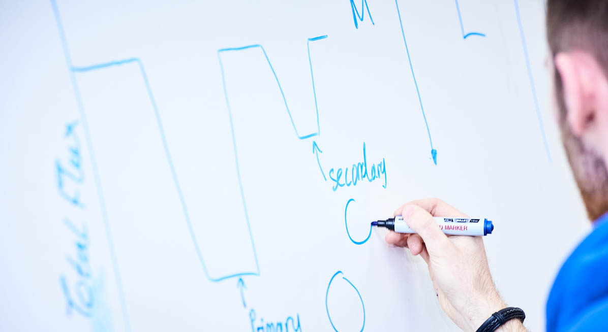 A student working at a whiteboard